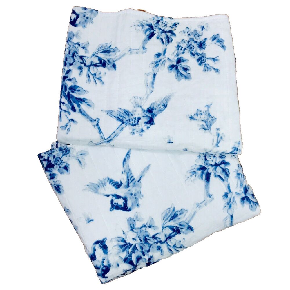 Queen Pillow Shams Blue Birds White Quilted Floral Striped Cotton 20 x 36
